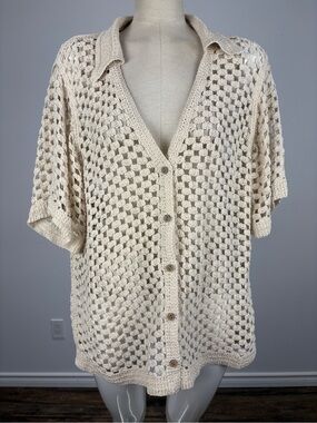 Solitaire Cream Crochet Cardigan Sweater | Boho Cottagecore Knit Top | Medium